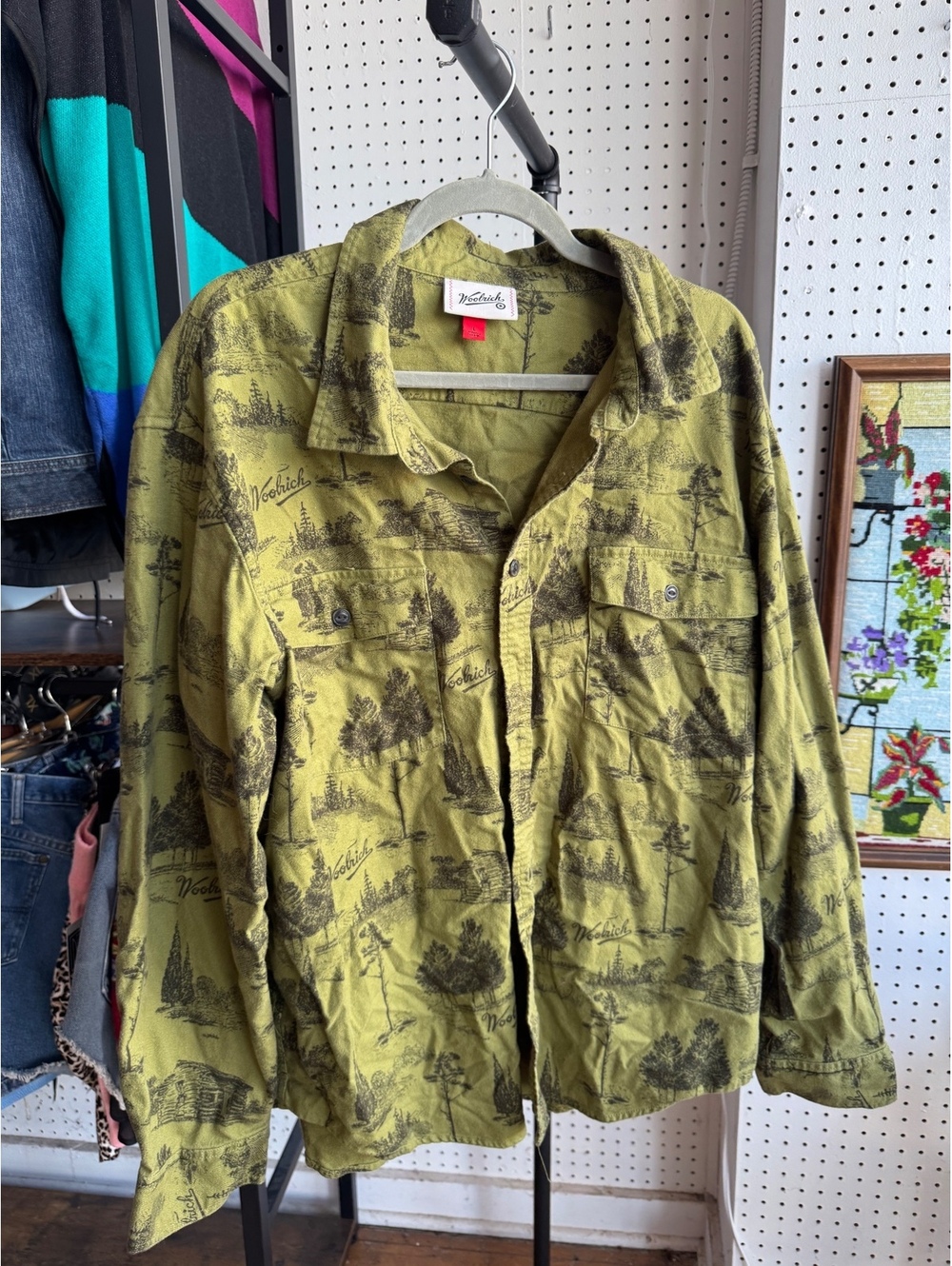 Woolrich Men's Large Olive Green Cotton Shirt Jacket with Scenic Print